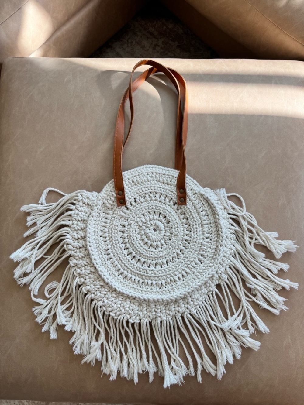 Boho Crochet Fringe Round Tote Bag — Cream with Tan Straps